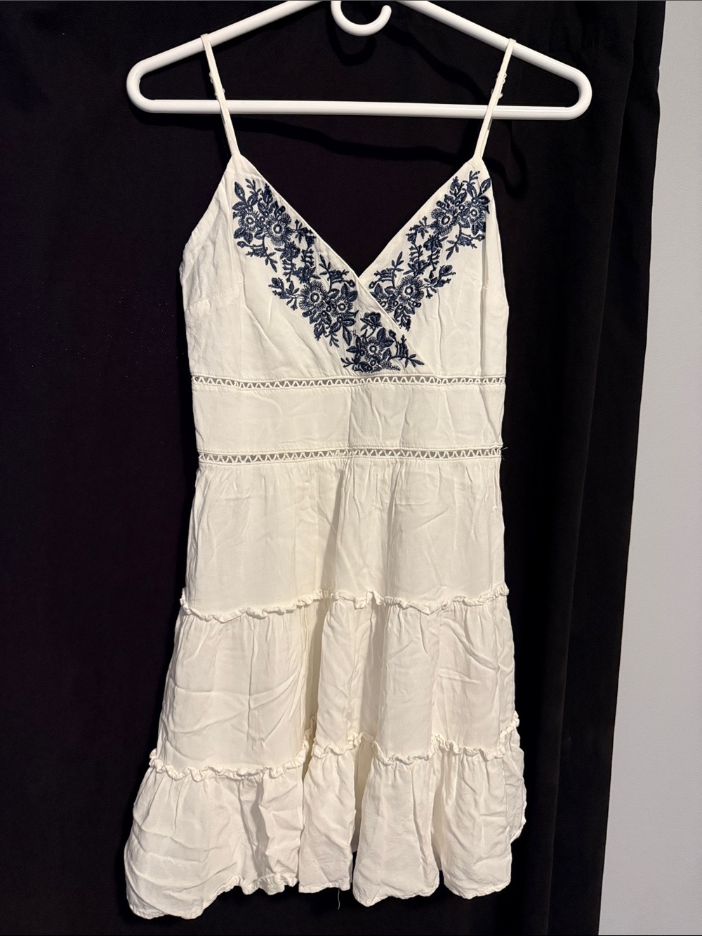 miami Cream Spaghetti-Strap Mini Dress with Navy Floral Embroidery